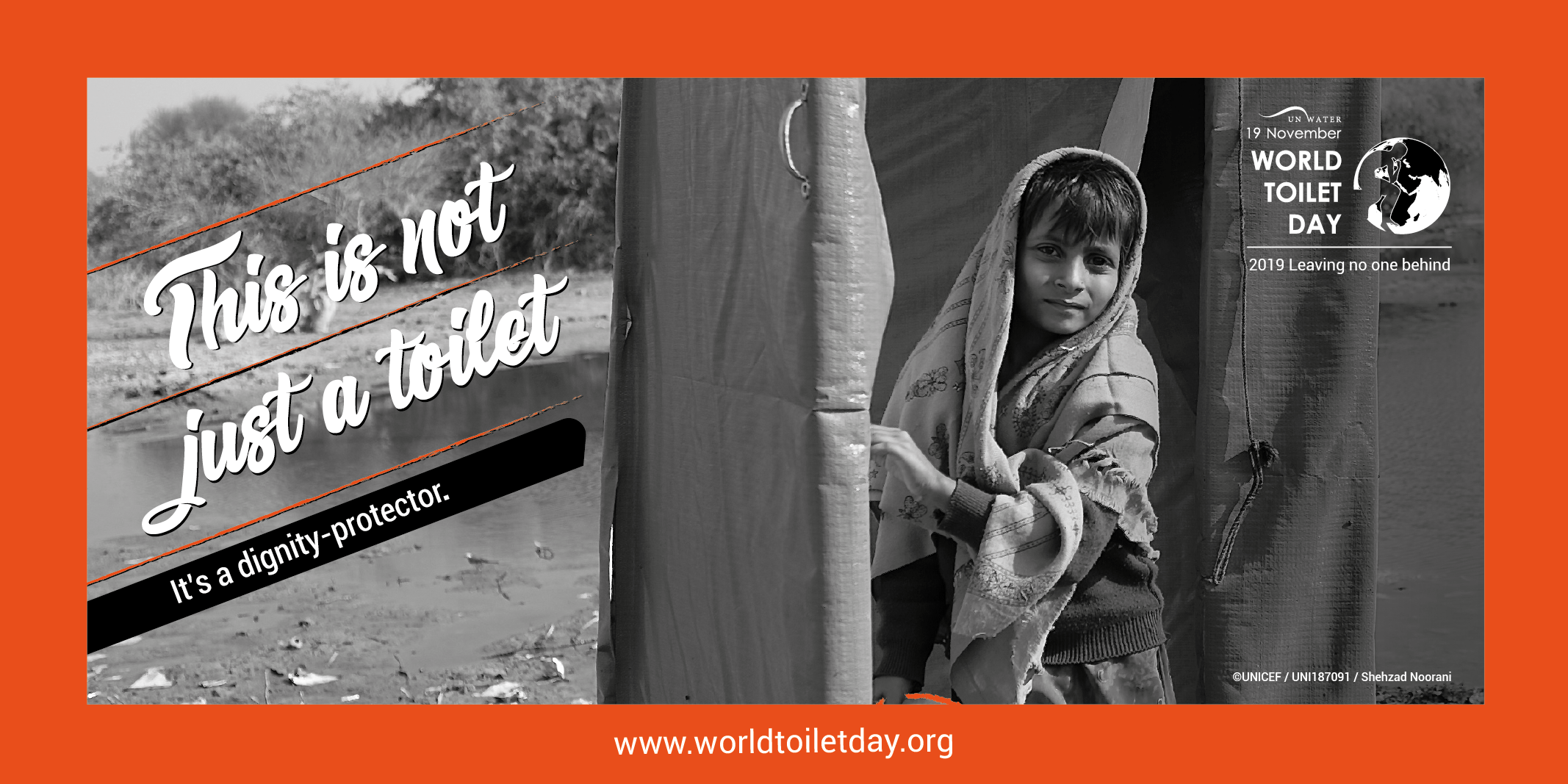 Small child with text for World Toilet Day 2019: &quot;This is not just a toilet. It&#039;s a dignity protector.&quot; Credit: www.worldtoiletday.org