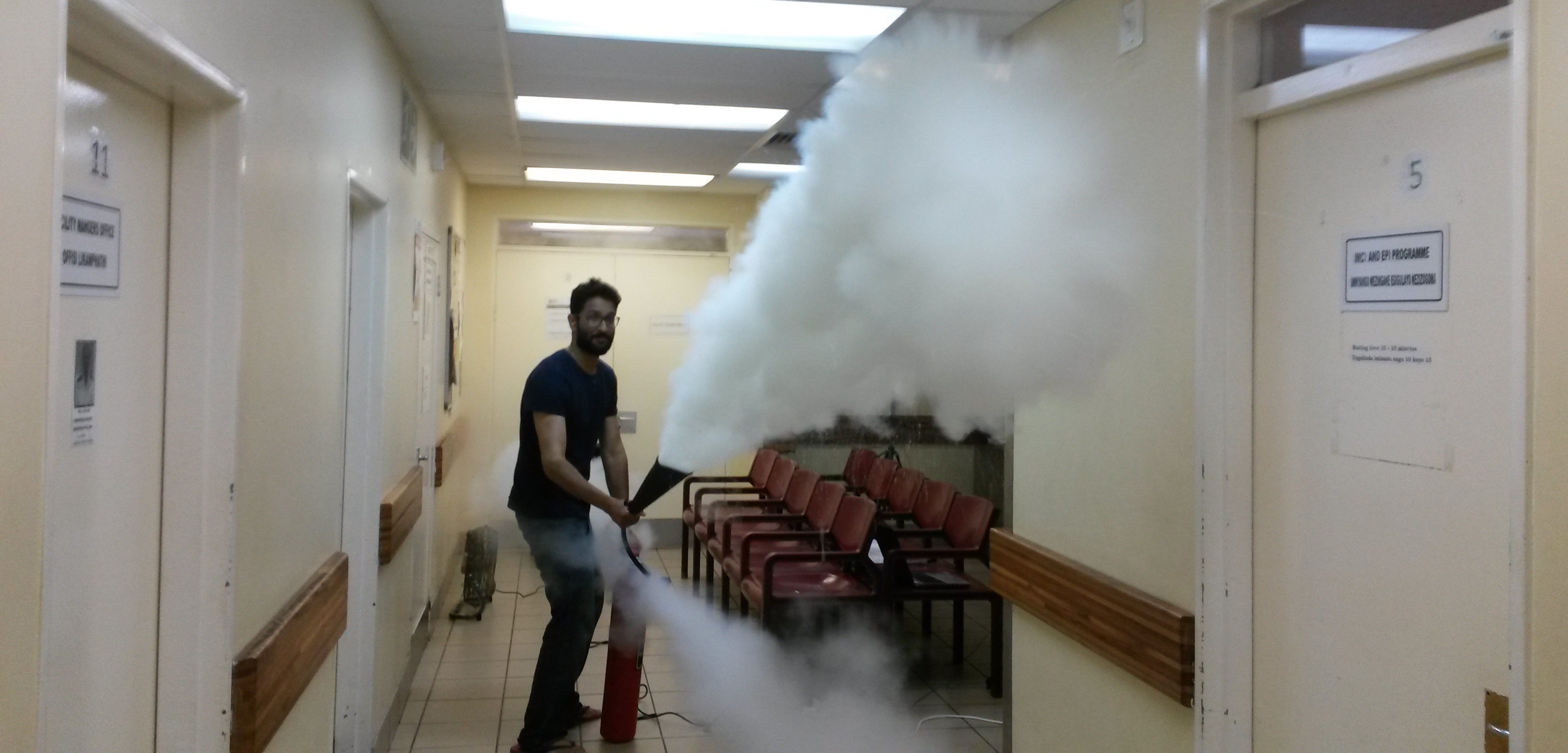lshtm researcher releasing carbon dioxide to test the ventilation systems in a south african clinic