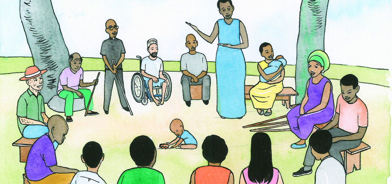Illustration showing participatory research and peer support for disability inclusion from the ‘Obuntu bulamu training manuals’ by the Disability Research Group. Credit: Mukiza, visual artist, Uganda.