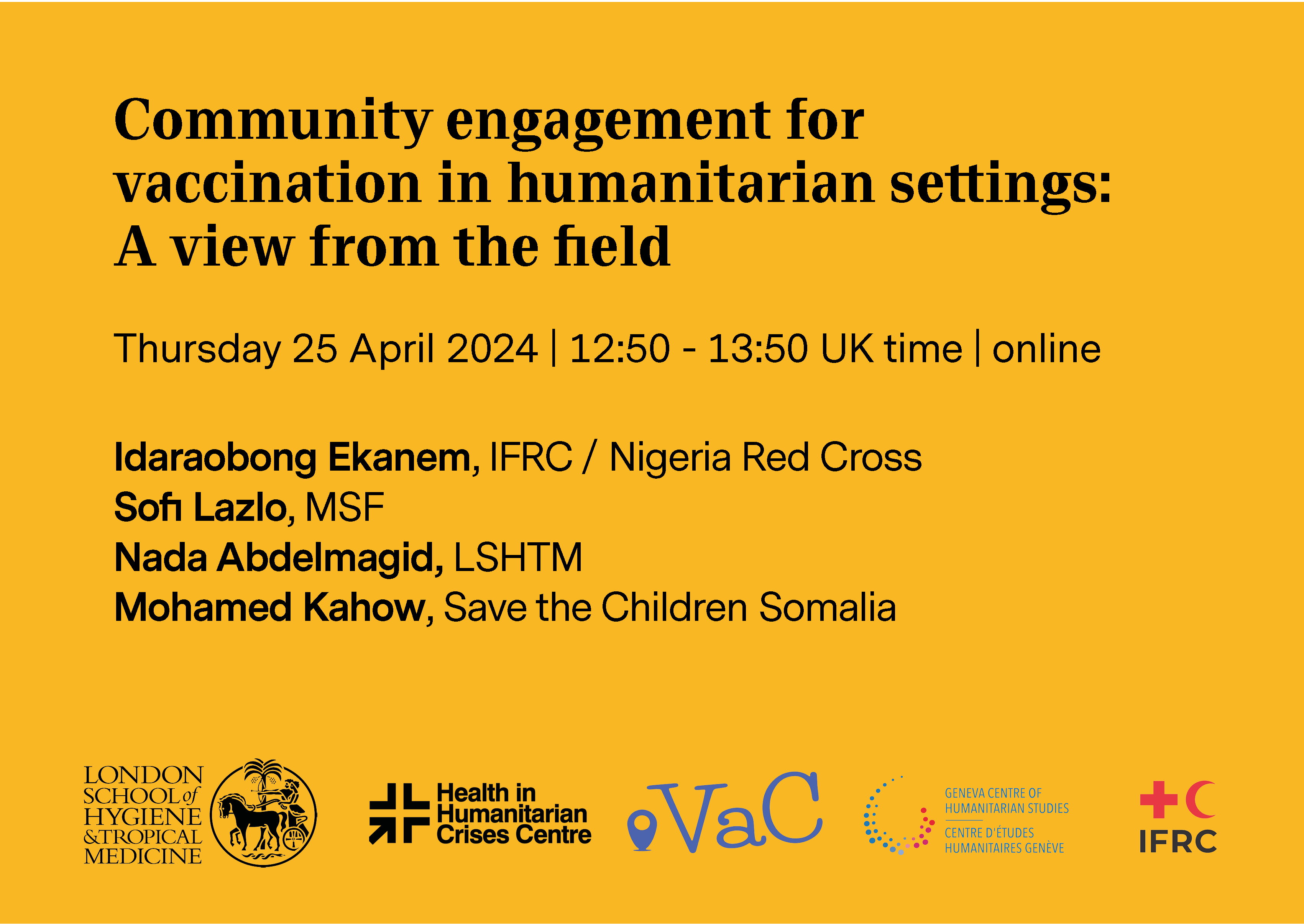 Event card for a webinar on community engagement for vaccination in humanitarian settings