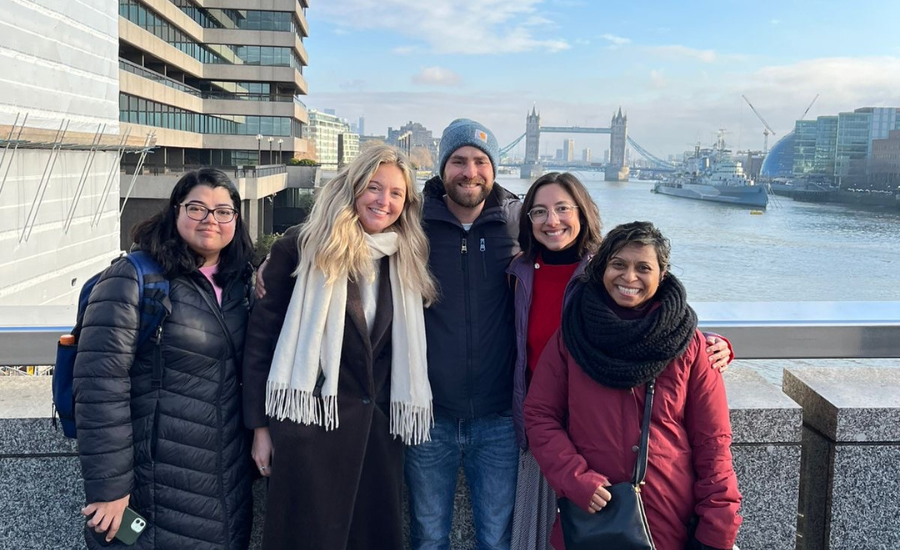 Gabi (right) with her Pentacel group on London Bridge. 