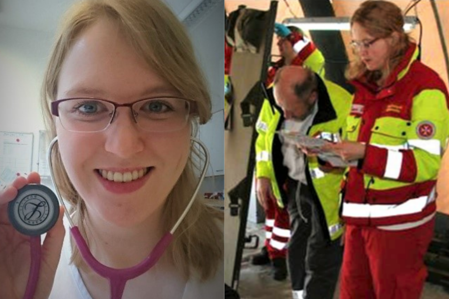 On the left hand side is a close up picture of Alica with stethoscope in ears and holding the end to the camera. On the right hand side Alica is wearing red and fluorescent yellow coveralls for voluntary work, she&#039;s holding a reading a sheet of paper and other volunteers are in the background