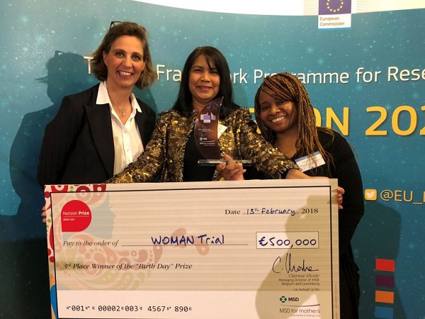 Caption: WOMAN Trial Project Director Haleema Shakur-Still receives the award (centre) with Clarisse Lhoste, MD of MSD Belgium and MSD for Mothers’ senior executive ambassador and Tracey Pepple, Senior Data Manager at Clinical Trials Unit, LSHTM (right). Credit: MSD for Mothers