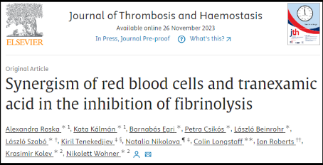 Title and authors of journal article on Synergism of red blood cells and tranexamic acid in the inhibition of fibrinolysis