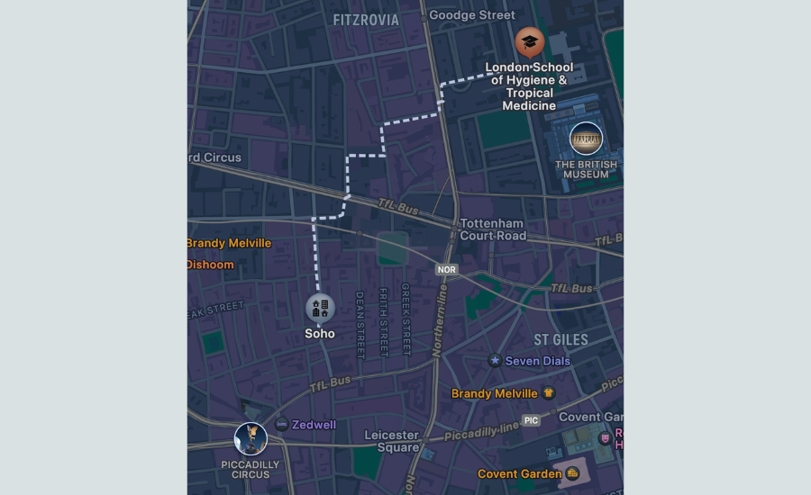 A map showing the distance between LSHTM and Soho in London.