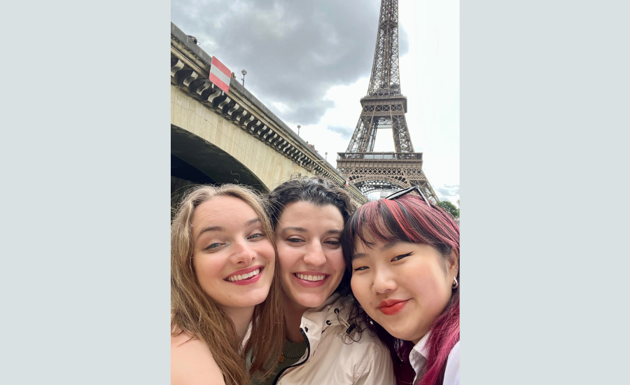 Emma &amp; friends having a selfie under the Eiffel Tower in Paris