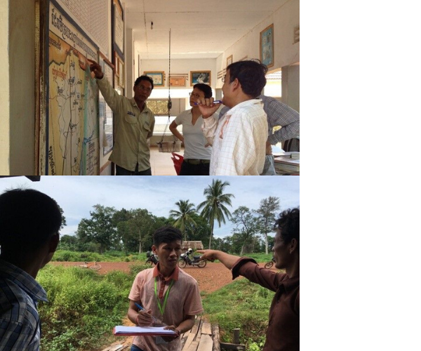 Response team member getting instructions on where to find forest-going co-workers (top); Discussions with health centre staff on where the forest goers are getting malaria (bottom)