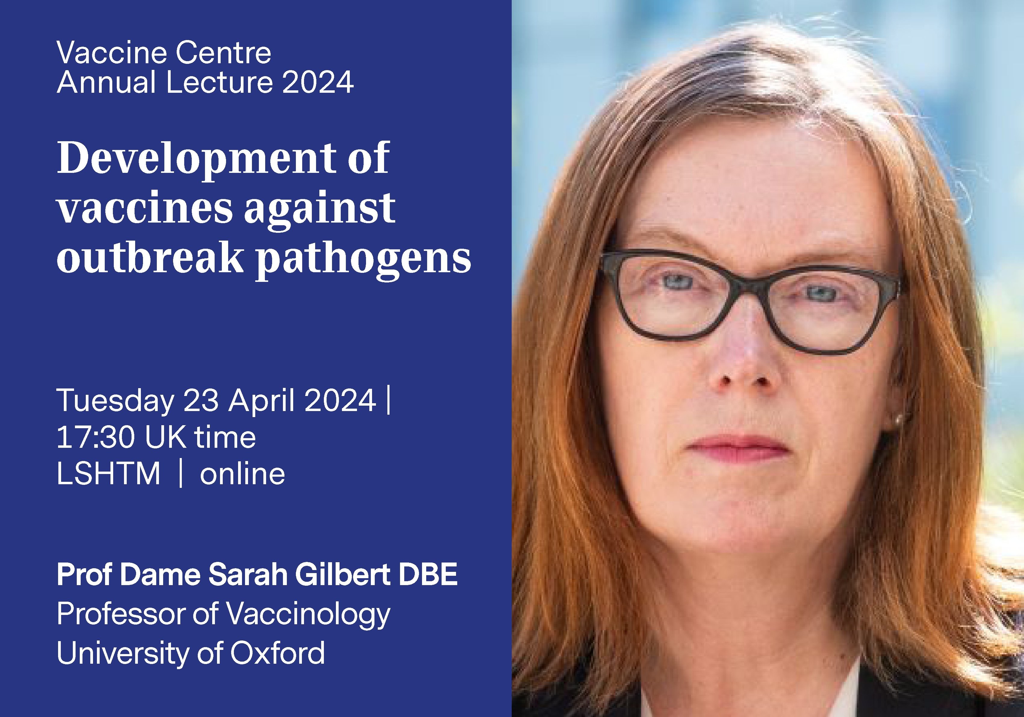 Event card for the VaC annual lecture given by Prof Dame Sarah Gilbert
