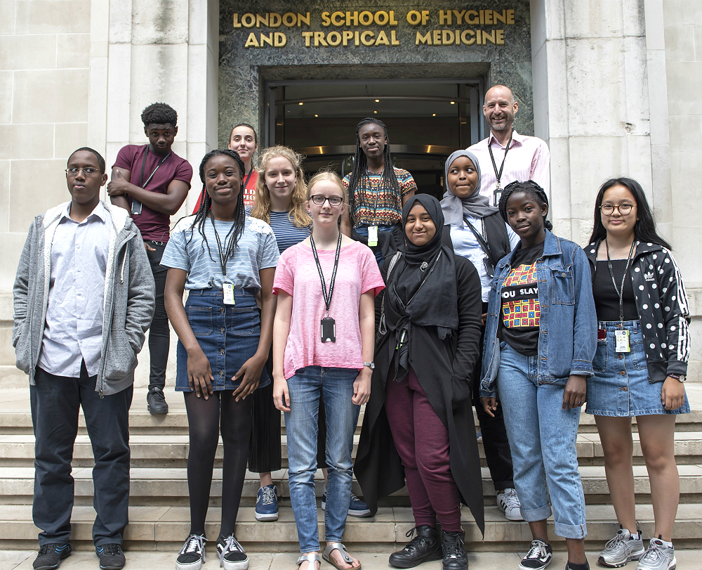 Young Scientists on the steps of the London School of Hygiene &amp; Tropical Medicine Keppel Street building
