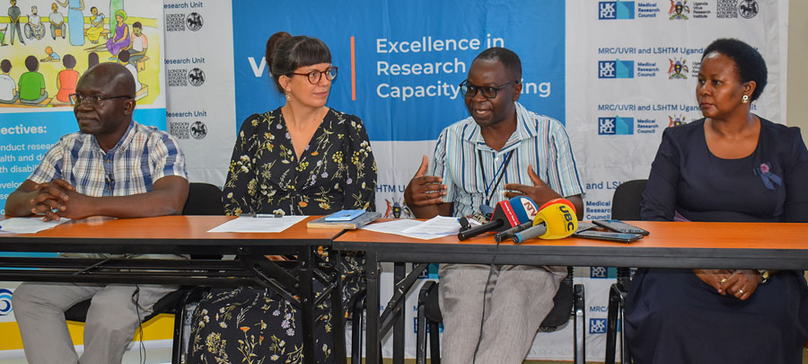 Press release of the findings of the Disabled Youth Investigates study, (from left to right) Dr Herbert Muyinda (Makerere University), Dr Femke Bannink Mbazzi and Prof Moffat Nyirenda (MRC/UVRI &amp; LSHTM Uganda Research Unit), and Lilian Namukasa (NCPD)