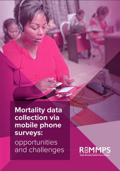 Picture of woman on a phone, with text overlay saying &#039;mortality data collection via mobile phone surveys&#039;