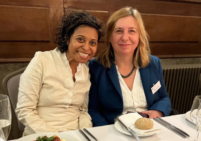 Gabriela Leite Soares (left) with her Personal Tutor &amp; Academic Advisor, Professor Veronique Filippi, at the faculty dinner organised by Goodenough College.