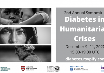 2nd Annual Symposium Diabetes in Humanitarian Crises flyer - it contains date and time of event (9 Dec, 3-7pm), as well as how to register (diabetes.rsvpify.com)