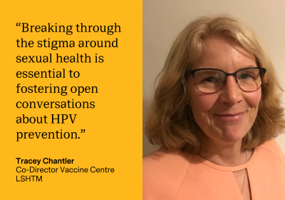 Quote with a yellow background that reads: &quot;Breaking through the stigma around sexual health is essential to fostering open conversations about HPV prevention&quot; with a picture of Tracey Chantler next to the quote