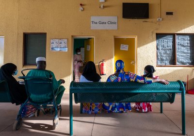 Patients queuing at the MRC clinic gate, Fajara.