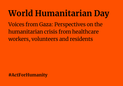 Black text on orange background saying: Voices from Gaza: Perspectives on the humanitarian crisis from healthcare workers, volunteers and residents