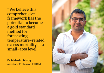 Man looking at camera with quote next to him, &quot;We believe this comprehensive framework has the potential to become a gold standard method for forecasting temperature-related excess mortality at a small-area level&quot; Dr Malcolm Mistry, Assistant Professor LSHTM