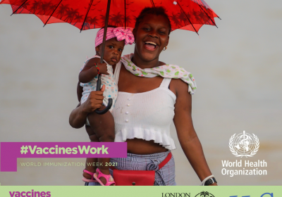 WHO World Immunisation Week 2021 campaign poster depicting a woman carrying her child. The poster also portrays this year&#039;s theme - &quot;Vaccines bring us closer&quot;.