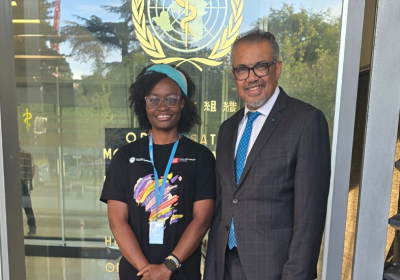 Goodness Odey with Dr Tedros Adhanom Ghebreyesus, WHO Director-General &amp; LSHTM alumnus.