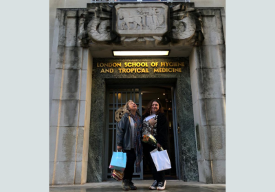 Millie and her mum outside the front entrance of LSHTM