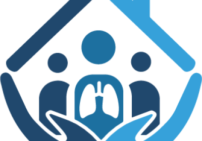 Blue graphic of house containing three figures, one with lungs depicted