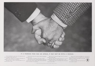 Poster (b&amp;w), &#039;&#039;If a married man has an affair, it may not be with a woman&#039;, Image of two clasped male hands. Awareness of safer sex, HIV and AIDS Produced by the Health Education Authority, England, 1994/1995 