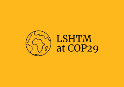 Yellow background with black line drawing of the earth, with text LSHTM at COP29