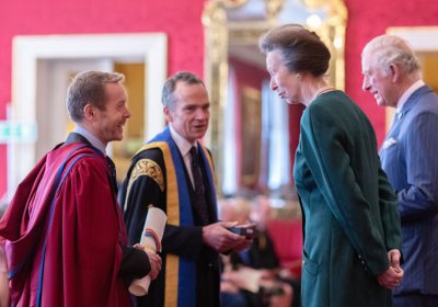 Professor Liam Smeeth and Professor John Edmunds receiving the Queen&#039;s Anniversary Prize 2022 from the Prince of Wales and the Princess Royal