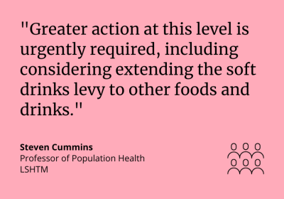 Steven Cummins quote card: Greater action at this level is urgently required, including considering extending the soft drinks levy to other foods and drinks.