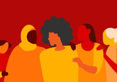 Red graphic of five women
