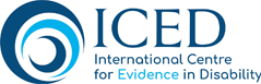 Blue spirals on left, with ICED in large blue letters and International Centre for Evidence in Disability in blue letters underneath,