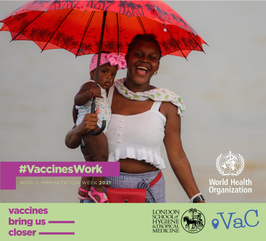 WHO World Immunisation Week 2021 campaign poster depicting a woman carrying her child. The poster also portrays this year&#039;s theme - &quot;Vaccines bring us closer&quot;.