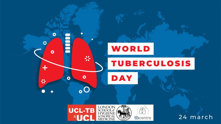 World TB Day digital banner - image includes digital illustration of lungs acompanied by a text &quot;World Tuberculosis Day&quot;. Also included in the banner is the collaborators logo, UCL-TB and LSHTM TB Centre