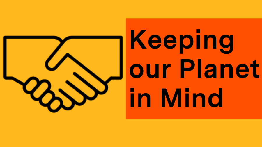 Graphic featuring handshakes icon with a text &quot;keeping our planet in mind&quot;