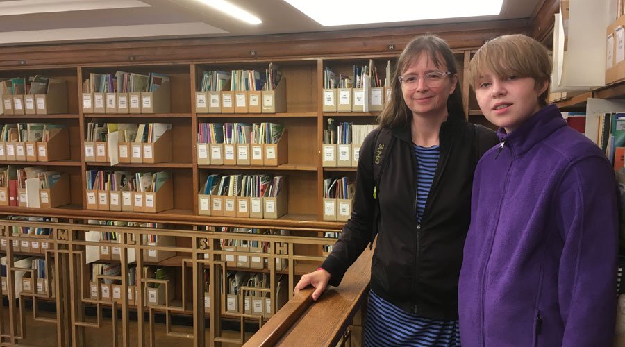 Melissa Andrew with her son in the LSHTM library