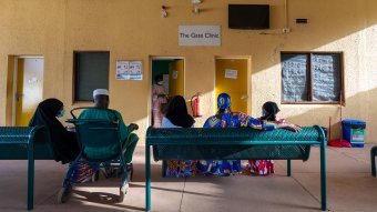 Patients queuing at the MRC clinic gate, Fajara.