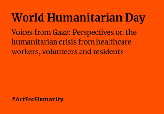 Black text on orange background saying: Voices from Gaza: Perspectives on the humanitarian crisis from healthcare workers, volunteers and residents