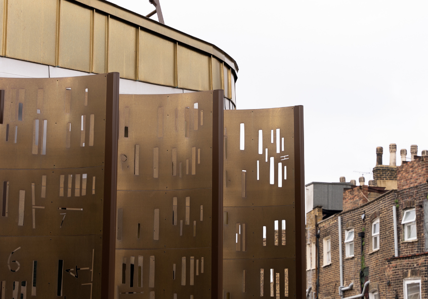 Brass privacy screens on the exterior of Tavistock Place 2 with artwork inspired by John Snow's cholera maps